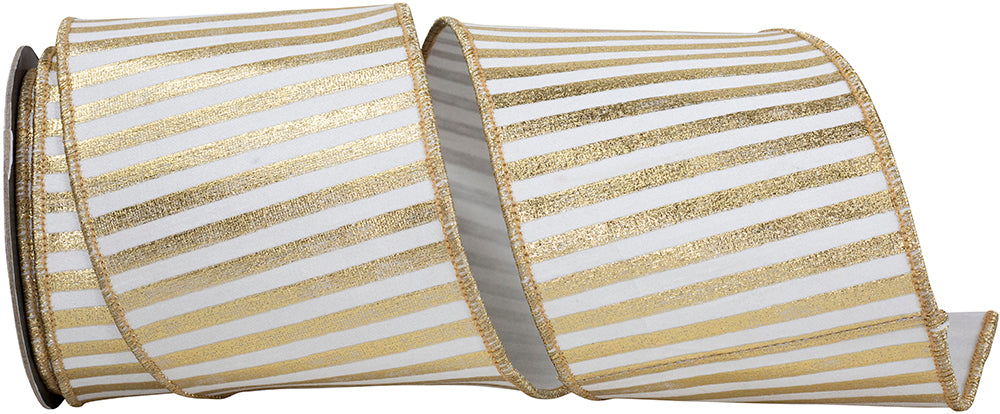 4 Inch White Gold Metallic Bars Wired Edge Ribbon