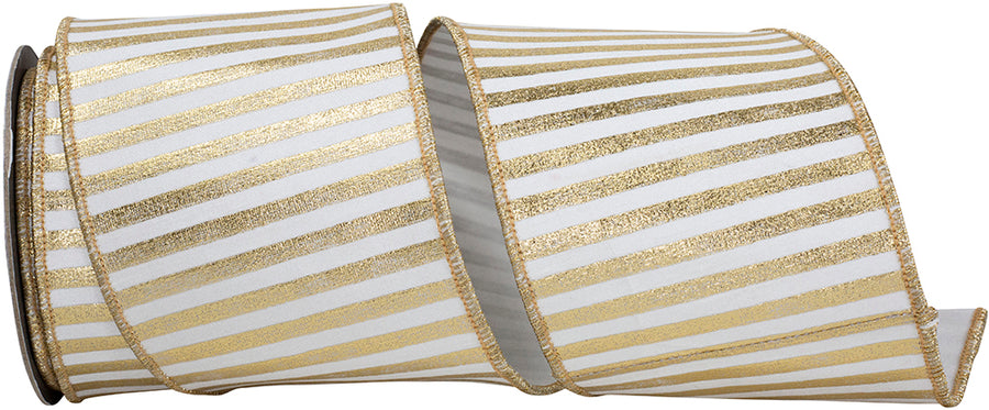 4 Inch White Gold Metallic Bars Wired Edge Ribbon