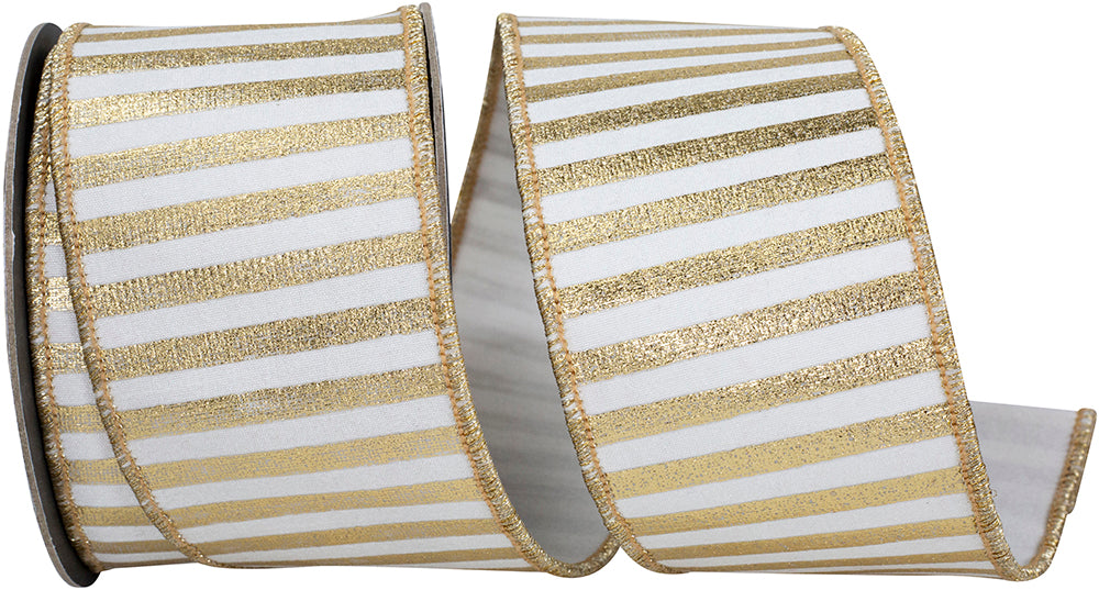 Metallic Bars Wired Edge Ribbon White Gold 2-1/2 Inch