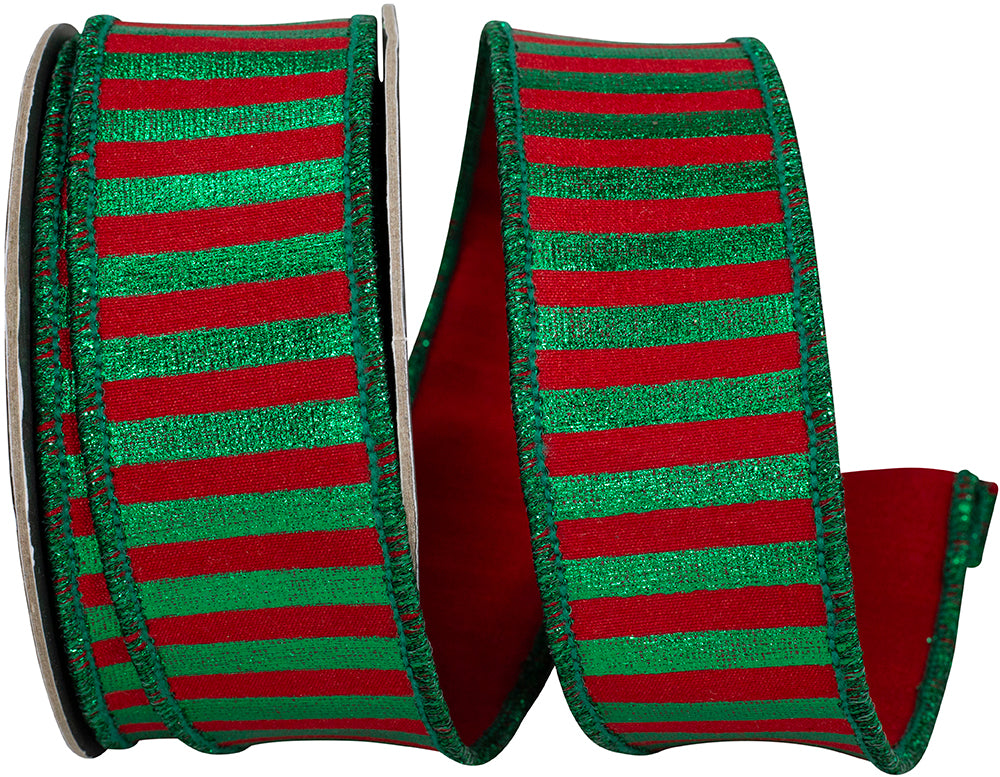 Metallic Bars Ribbon Red Green 1-1/2 Inch Wired Edge