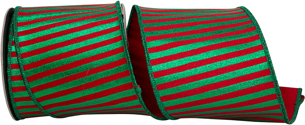 4 Inch Red Green Metallic Bars Wired Edge Ribbon