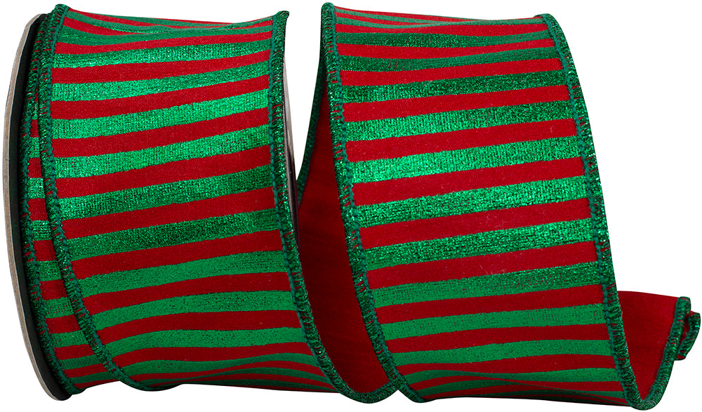 Metallic Bars Ribbon Red Green 2-1/2 Inch Wired Edge
