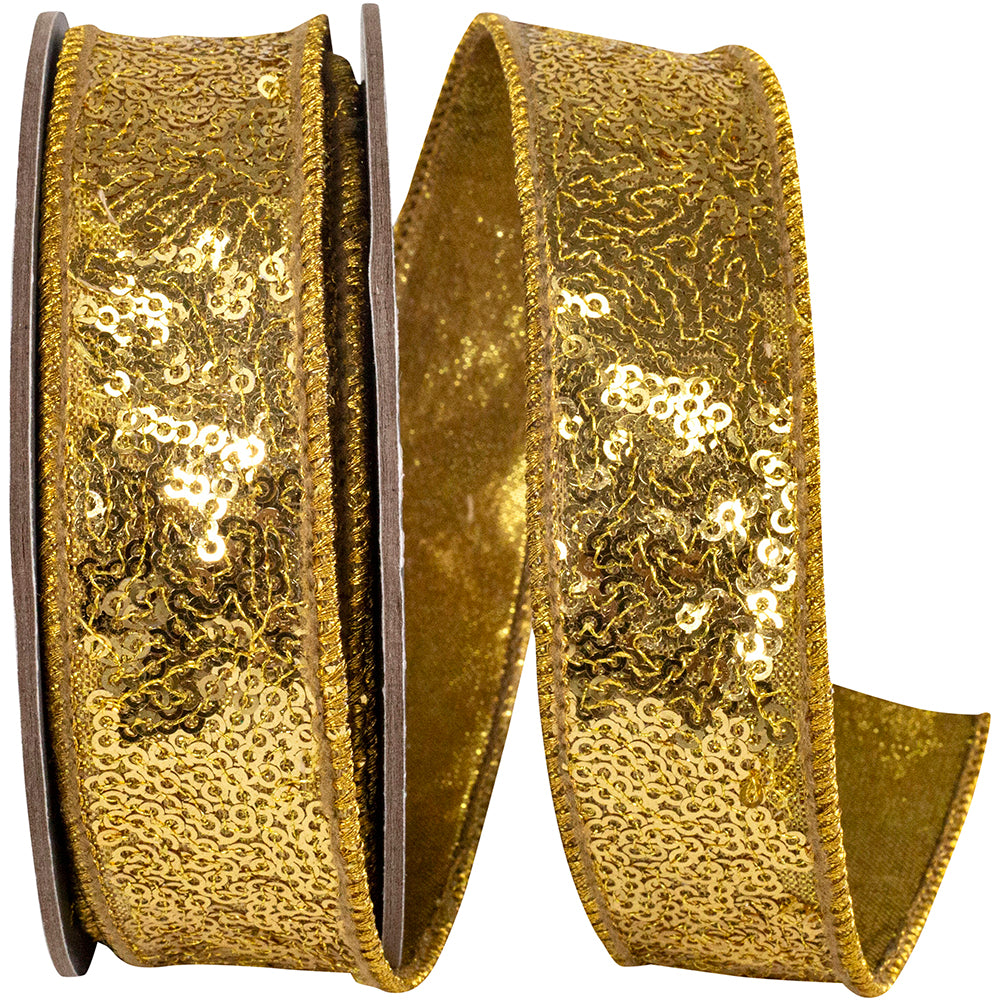 Gold Metallic Sequin Wired Edge Ribbon 1 Inch for Bows