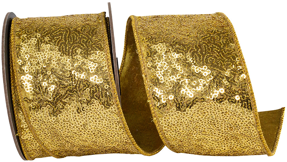 Gold Metallic Sequin Wired Edge Ribbon 2-1/2 Inch for Wreaths