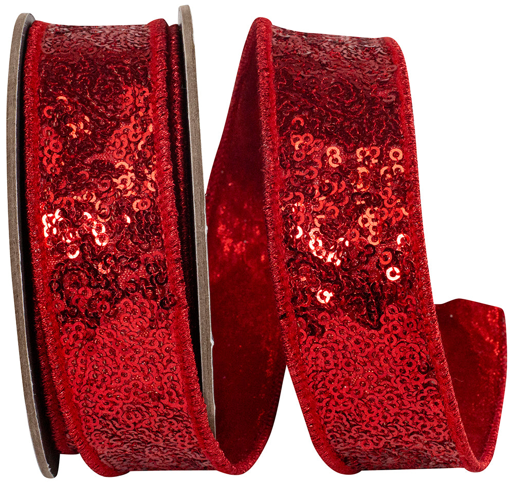 Red Metallic Sequin Wired Edge Ribbon 1 Inch for Bows