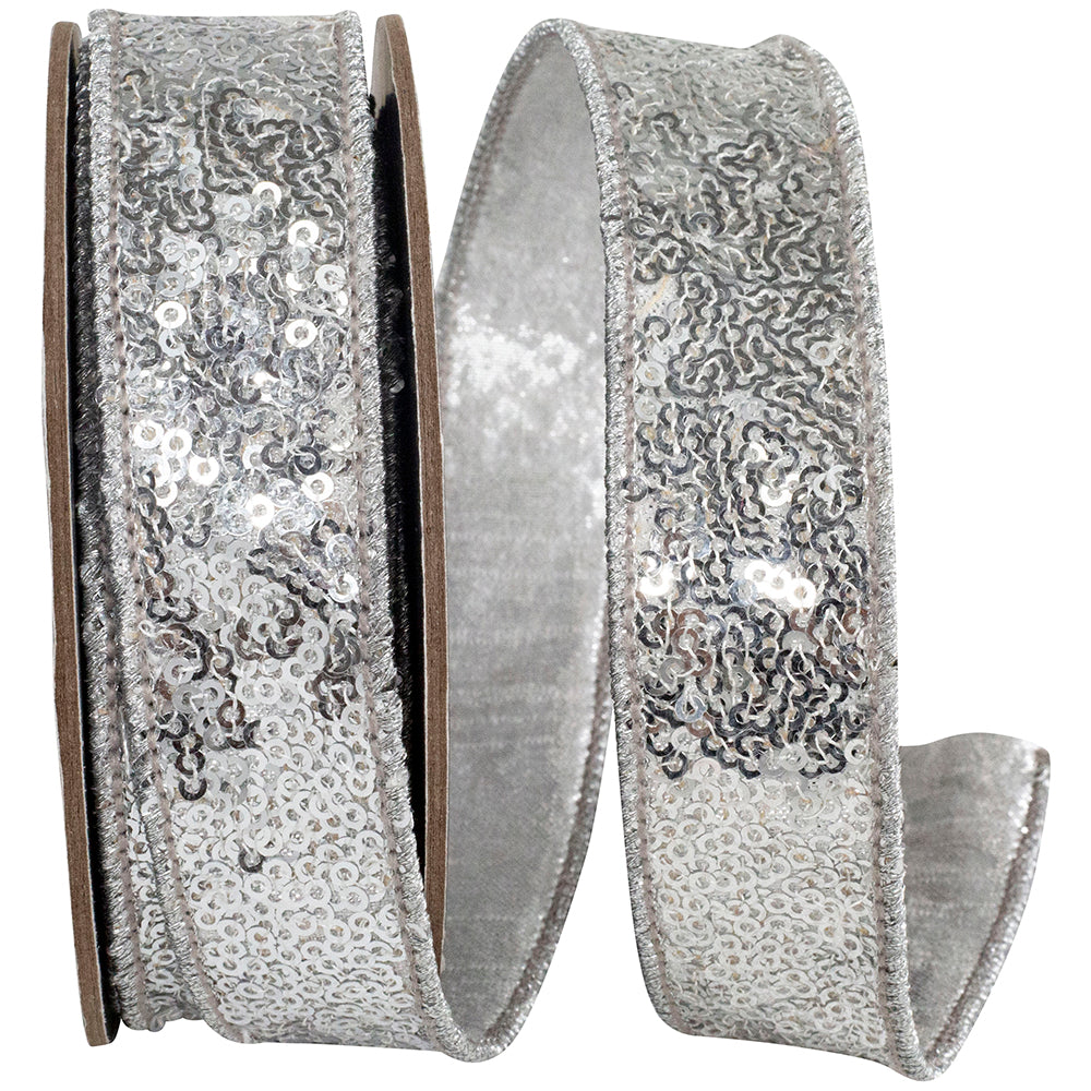 Silver Metallic Sequin Wired Edge Ribbon 1 Inch for Bows
