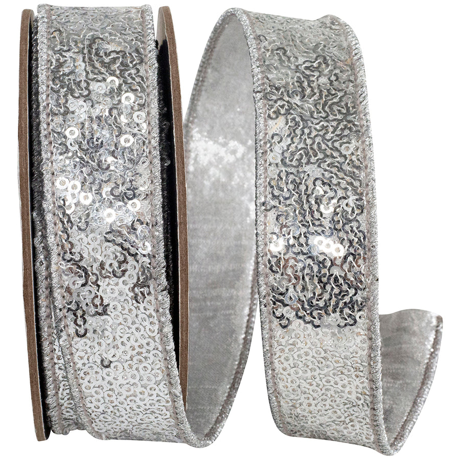 Silver Metallic Sequin Wired Edge Ribbon 1 Inch for Bows