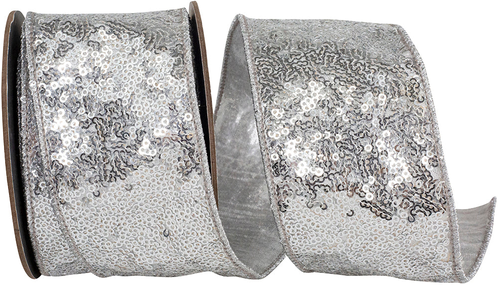 Silver Metallic Sequin Wired Edge Ribbon 2-1/2 Inch for Bows