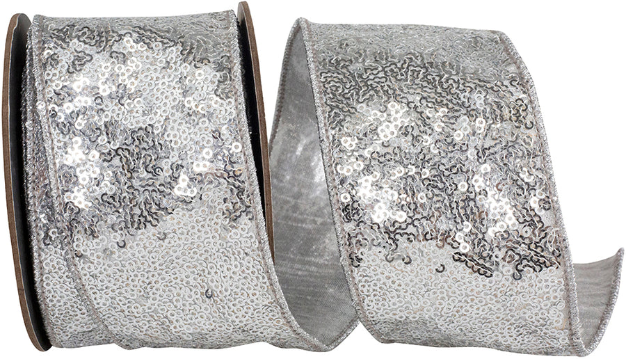 Silver Metallic Sequin Wired Edge Ribbon 2-1/2 Inch for Bows