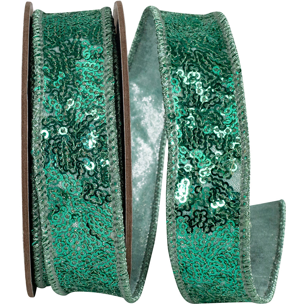 Aqua Metallic Sequin Wired Edge Ribbon 1 Inch for Bows