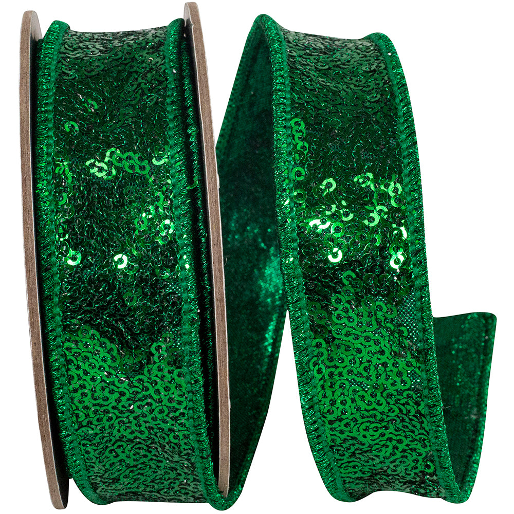 Emerald Metallic Sequin Wired Edge Ribbon 1 Inch for Bows