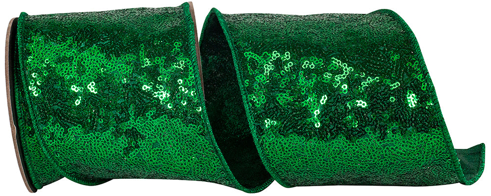 Emerald 4 Inch Wired Edge Metallic Sequin Ribbon