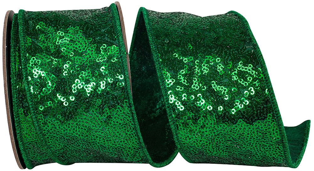 Emerald Metallic Sequin Wired Edge Ribbon 2-1/2 Inch