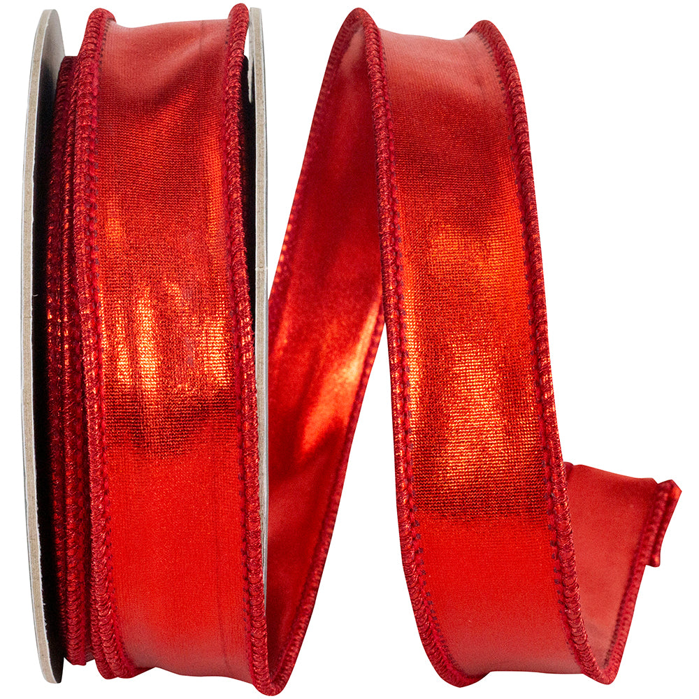 Red Two Sided Wired Edge Ribbon 1 Inch Metallic Polyester