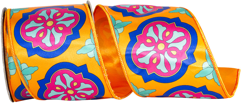 Tangerine 4 Inch Mosaic Villa Deluxe Wired Edge Ribbon for Wreaths & Bows