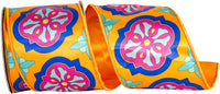 Tangerine 4 Inch Mosaic Villa Deluxe Wired Edge Ribbon for Wreaths & Bows