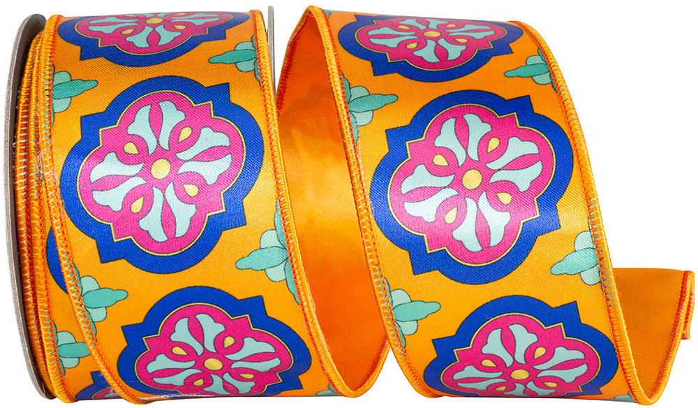 Tangerine 2-1 2 Inch Mosaic Villa Deluxe Wired Edge Ribbon for Wreaths & Bows