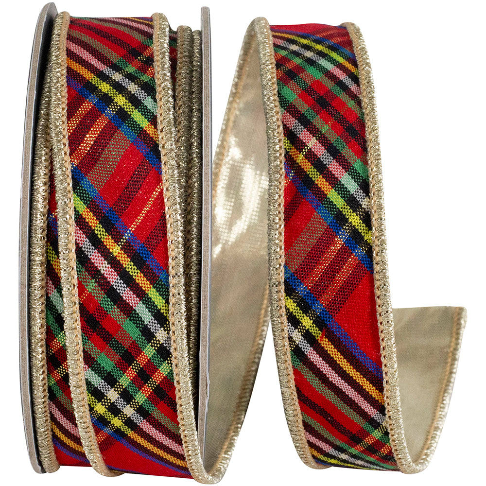 Multicolor Plaid Diagonal Ribbon 7/8 Inch Red 10Yds