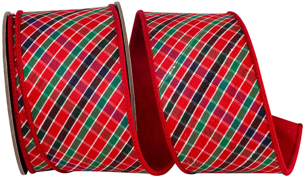 Plaid Dupioni Wired Edge Ribbon Red Green 2-1/2 Inch