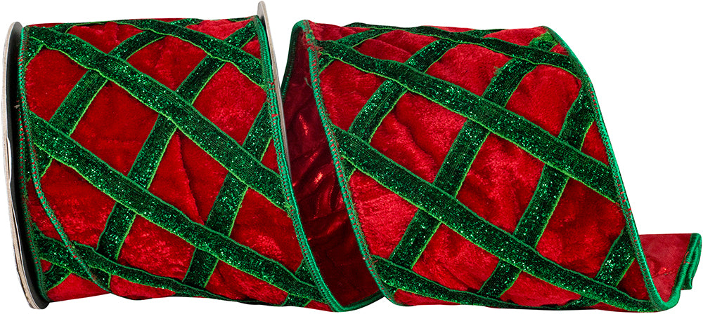 4 Inch Red Green Plush Velvet Lattice Ribbon for Wreaths