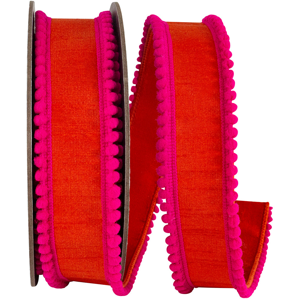 Orange Fuchsia 1-1 2 Inch Pom Pom Mini Edge Trimming Dupioni Deluxe Wired Edge Ribbon for Wreaths & Bows