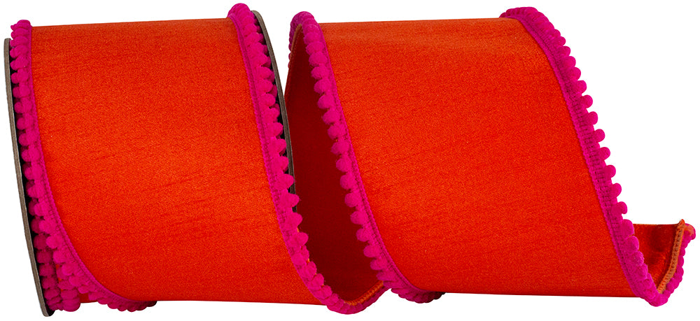 Orange Fuchsia 4 Inch Pom Pom Mini Edge Trimming Dupioni Deluxe Wired Edge Ribbon for Wreaths & Bows