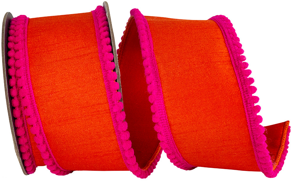 Orange Fuchsia 2-1 2 Inch Pom Pom Mini Edge Trimming Dupioni Deluxe Wired Edge Ribbon for Wreaths & Bows