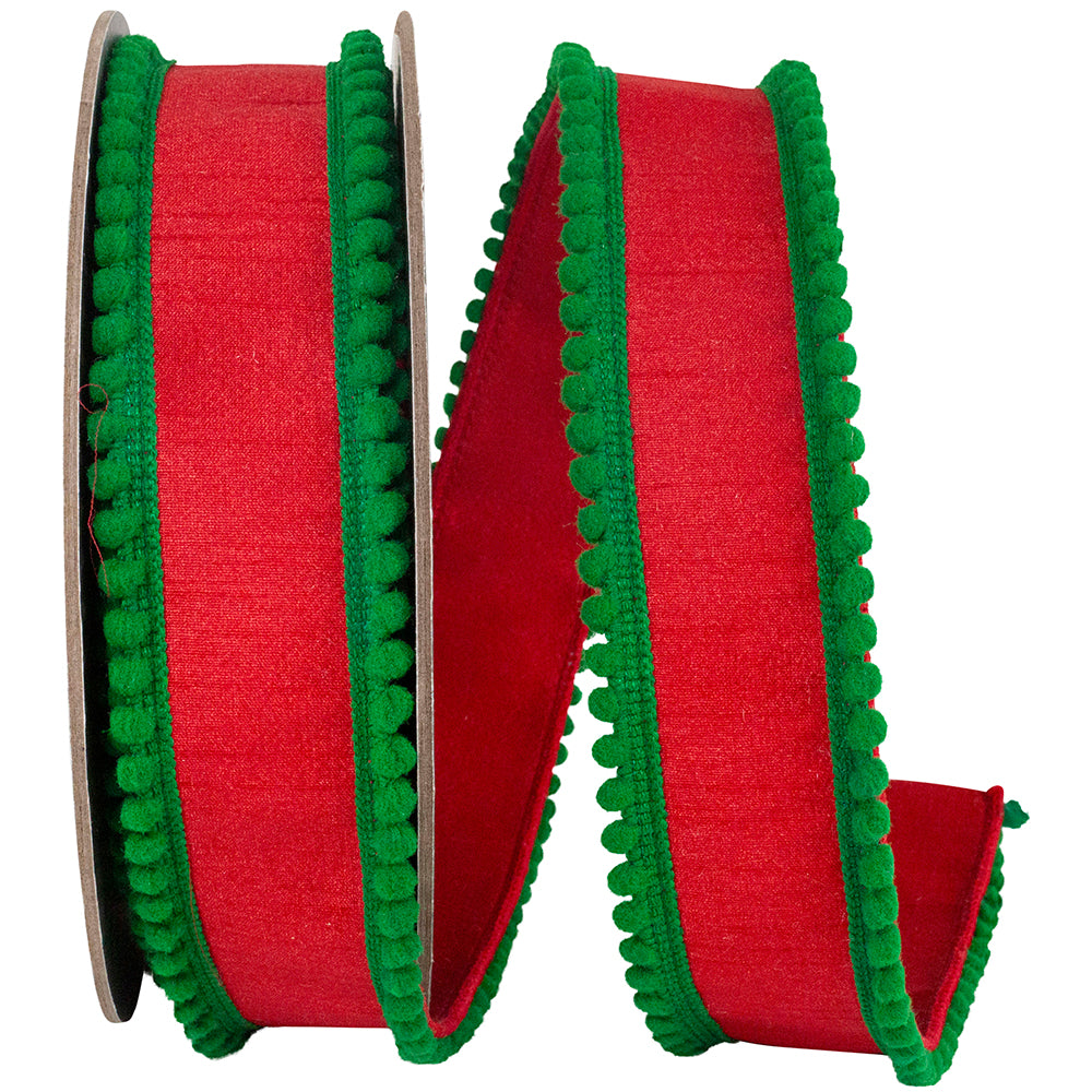 Red Green 1-1 2 Inch Pom Pom Mini Edge Trimming Dupioni Deluxe Wired Edge Ribbon for Wreaths & Bows