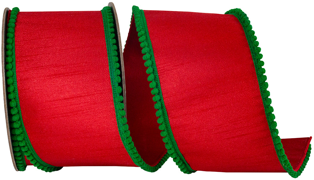 Red Green 4 Inch Pom Pom Mini Edge Trimming Dupioni Deluxe Wired Edge Ribbon for Wreaths & Bows