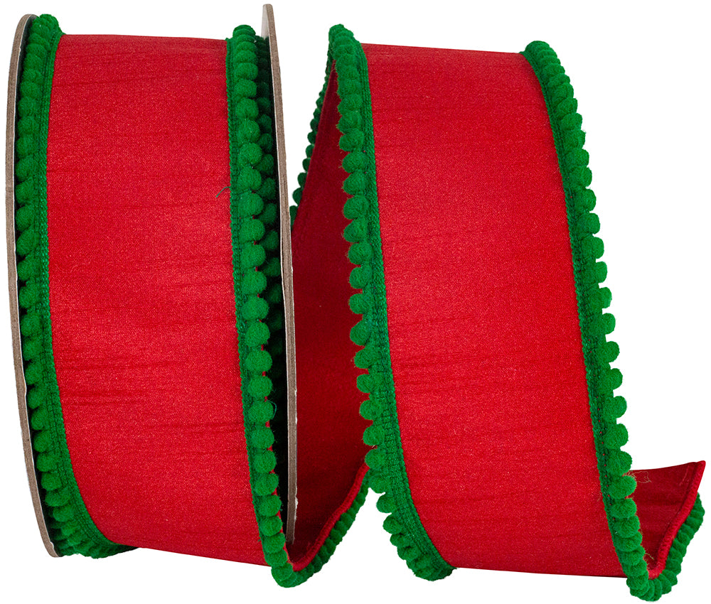 Red Green 2-1 2 Inch Pom Pom Mini Edge Trimming Dupioni Deluxe Wired Edge Ribbon for Wreaths & Bows