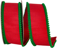 Red Green 2-1 2 Inch Pom Pom Mini Edge Trimming Dupioni Deluxe Wired Edge Ribbon for Wreaths & Bows