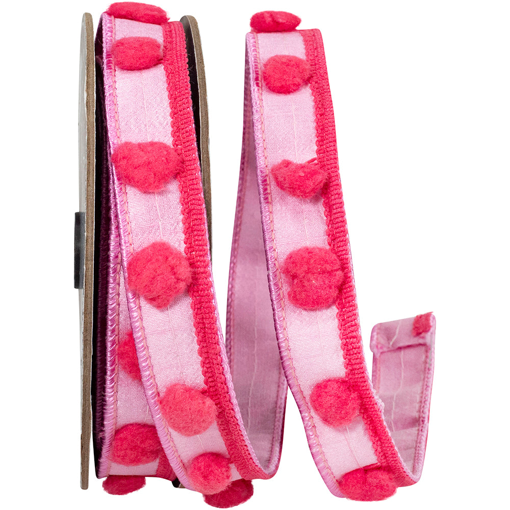 Pink 1 Inch Pom Pom Trim Dupioni Deluxe Wired Edge Ribbon for Wreaths & Bows