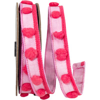 Pink 1 Inch Pom Pom Trim Dupioni Deluxe Wired Edge Ribbon for Wreaths & Bows