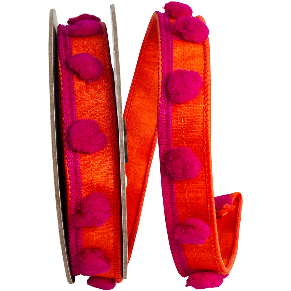 Orange Fuchsia 1 Inch Pom Pom Trim Dupioni Deluxe Wired Edge Ribbon for Wreaths & Bows