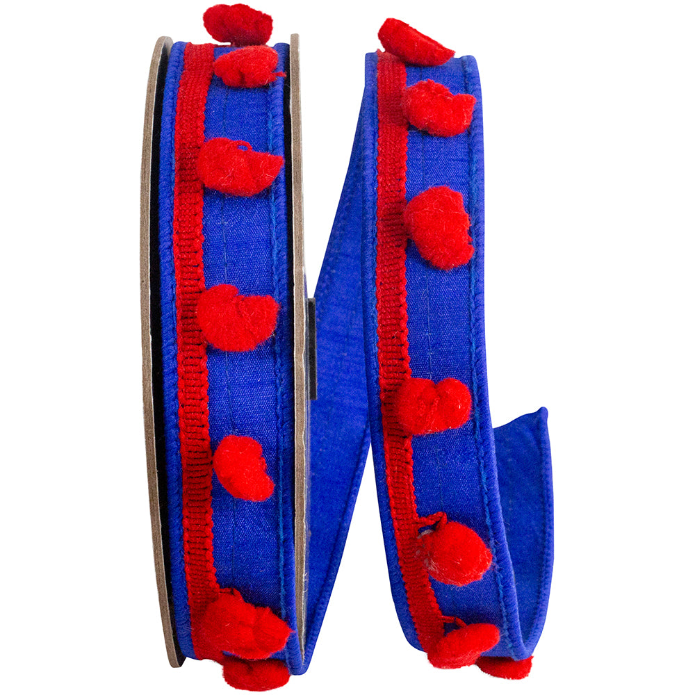 Pom Pom Trim Ribbon Royal Red 1 Inch Dupioni Wired Edge