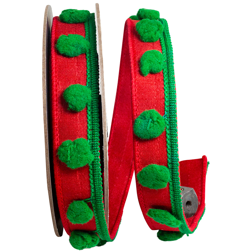 Red Green 1 Inch Pom Pom Trim Dupioni Deluxe Wired Edge Ribbon for Wreaths & Bows