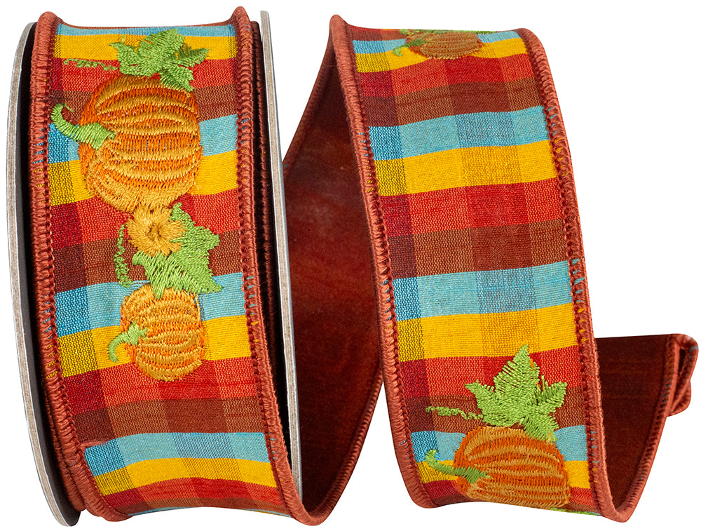 Pumpkin Embroidery Tonal Plaid Ribbon 1-1/2 Inch Multi