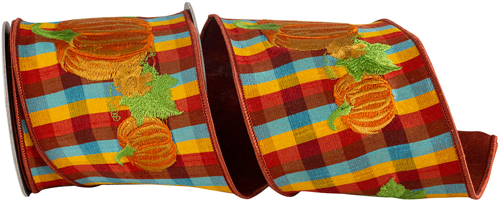 Pumpkin Embroidery Tonal Plaid Ribbon 4 Inch Multi Color