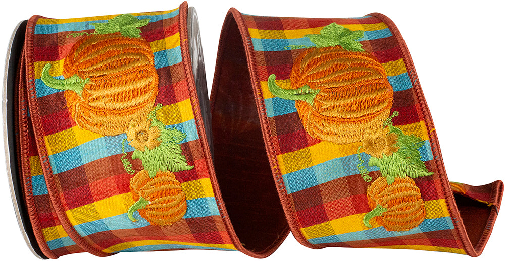 Pumpkin Embroidery Tonal Plaid Wired Edge Ribbon 2-1/2 Inch