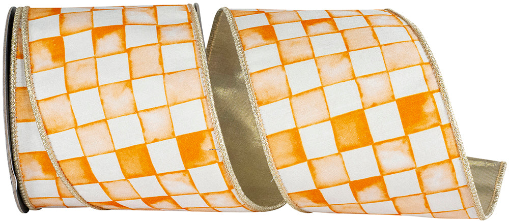 4 Inch Orange White Vintage Check Dupioni Ribbon for Bows