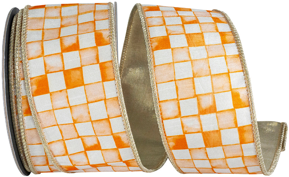 Vintage Check Orange White Wired Edge Ribbon 2-1/2 Inch
