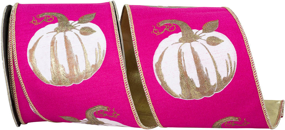 Fuchsia 4 Inch White Gilded Pumpkin Deluxe Wired Edge Ribbon for Wreaths & Bows