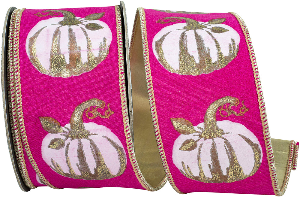 Fuchsia 2-1 2 Inch White Gilded Pumpkin Deluxe Wired Edge Ribbon for Wreaths & Bows