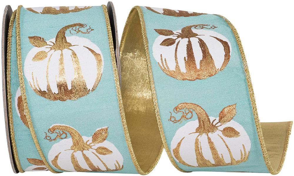 Teal 2-1/2 Inch White Gilded Pumpkin Ribbon