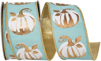 Teal 2-1/2 Inch White Gilded Pumpkin Ribbon