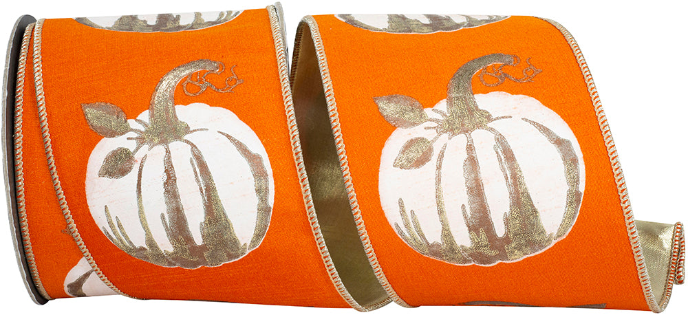 Pumpkin 4 Inch White Gilded Pumpkin Deluxe Wired Edge Ribbon for Wreaths & Bows