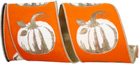 Pumpkin 4 Inch White Gilded Pumpkin Deluxe Wired Edge Ribbon for Wreaths & Bows