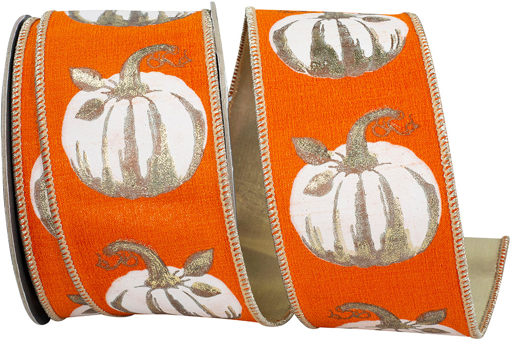 Pumpkin 2-1 2 Inch White Gilded Pumpkin Deluxe Wired Edge Ribbon for Wreaths & Bows