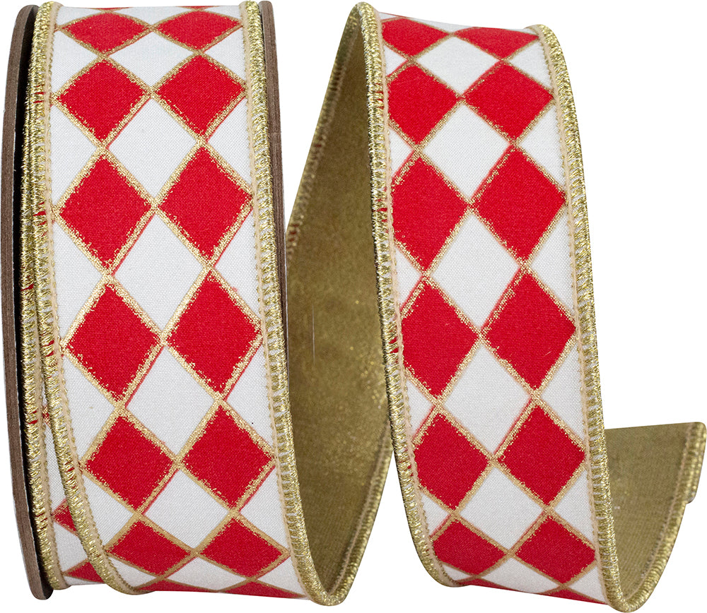 White Red 1-1 2 Inch Harlequin Solid Diamond Outline Gilded Deluxe Wired Edge Ribbon for Wreaths & Bows