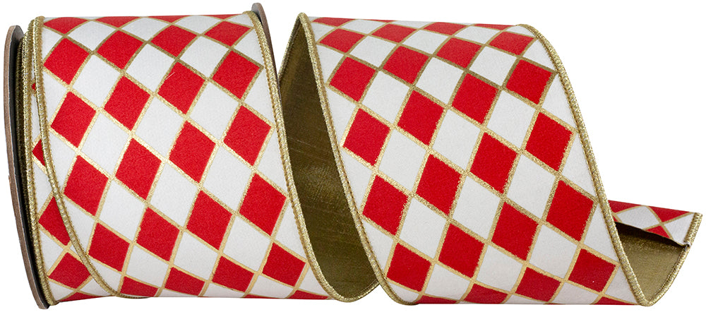 White Red 4 Inch Harlequin Solid Diamond Outline Gilded Deluxe Wired Edge Ribbon for Wreaths & Bows